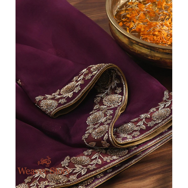 Handloom Wine Heavy Border Dupatta with Zardozi Work