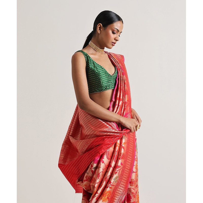 Red Handloom Pure Katan Silk Meenakari Banarasi Saree With Antique Gold Zari Base