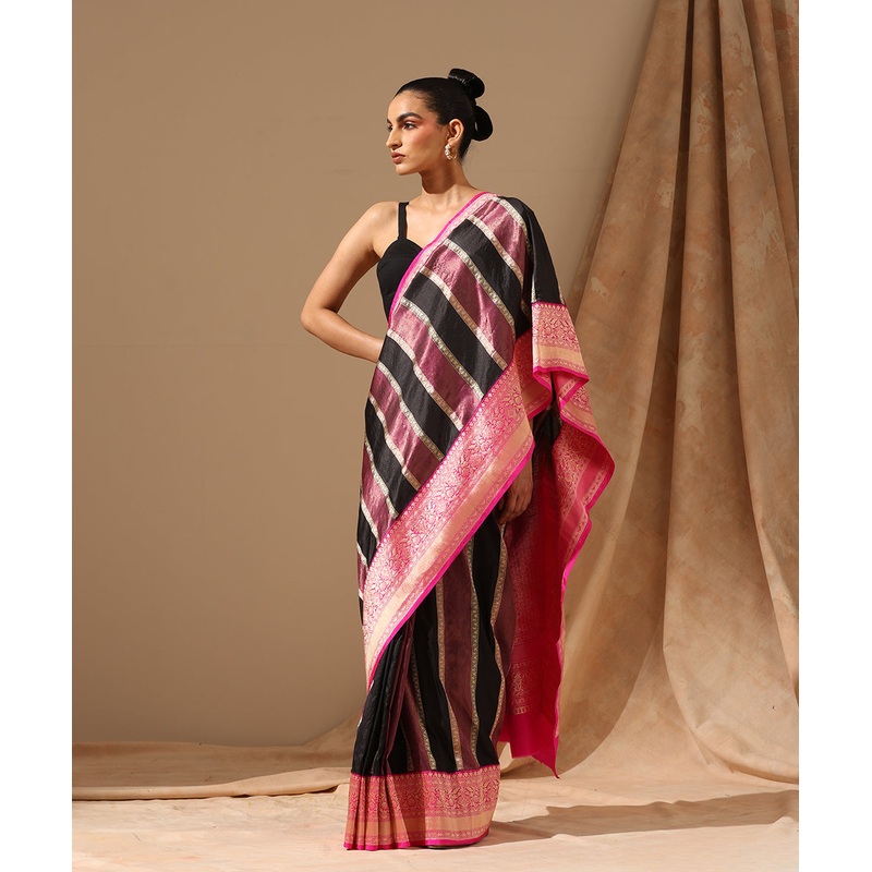 Black And Magenta Handloom Tissue Silk Rangkaat Banarasi Saree With Pink Kadhiyal Border