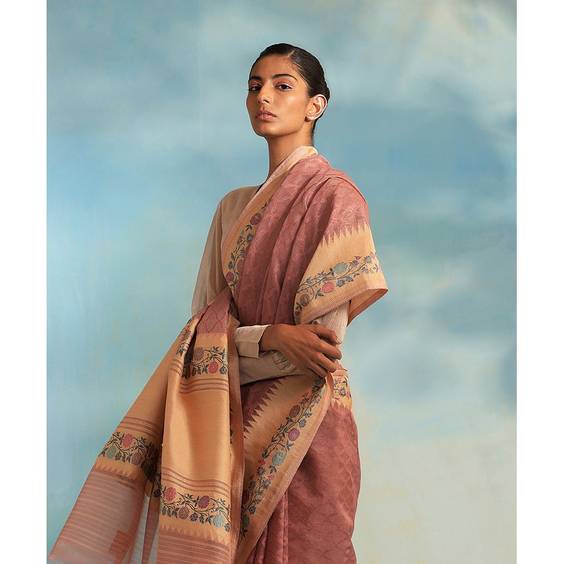 Dusty Pink Handloom Pure Kora Silk Banarasi Saree With Resham Floral Border