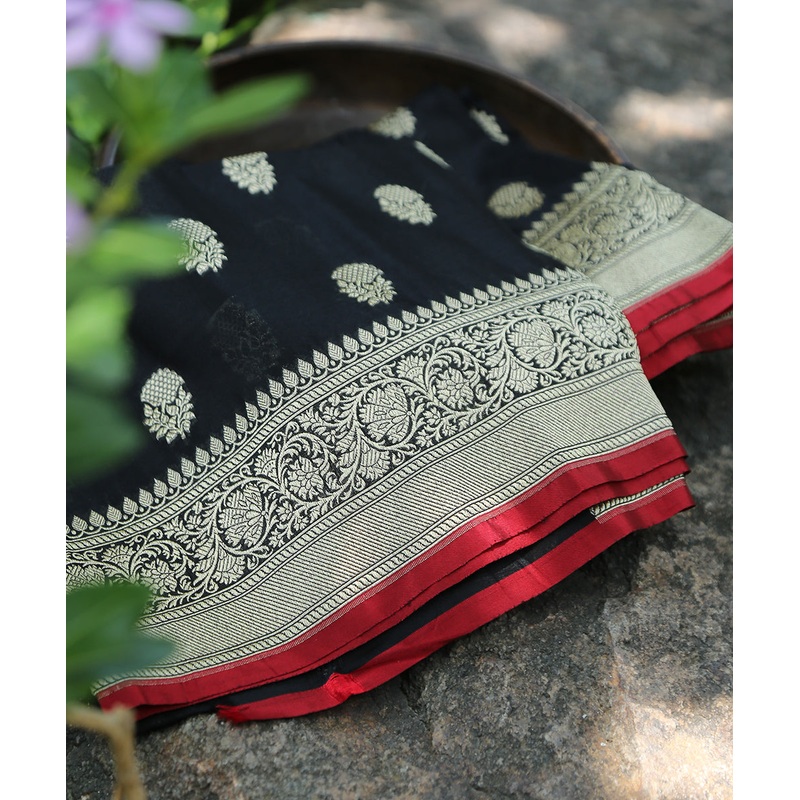 Handloom Black Pure Katan Georgette Banarasi Dupatta With All Over Cutwork Booti