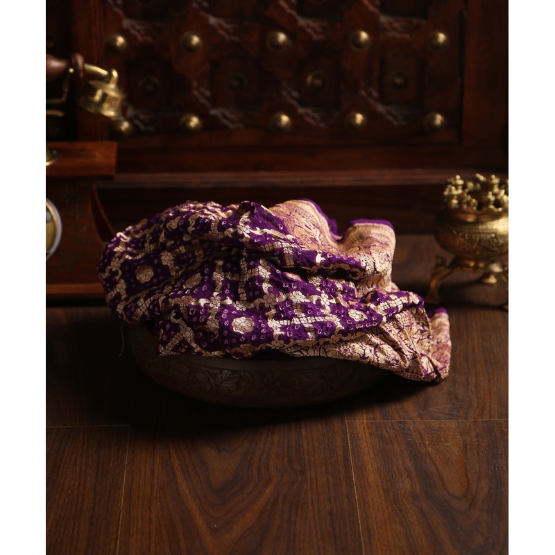Purple Handloom Pure Georgette Banarasi Bandhej Dupatta With All Over Jaal