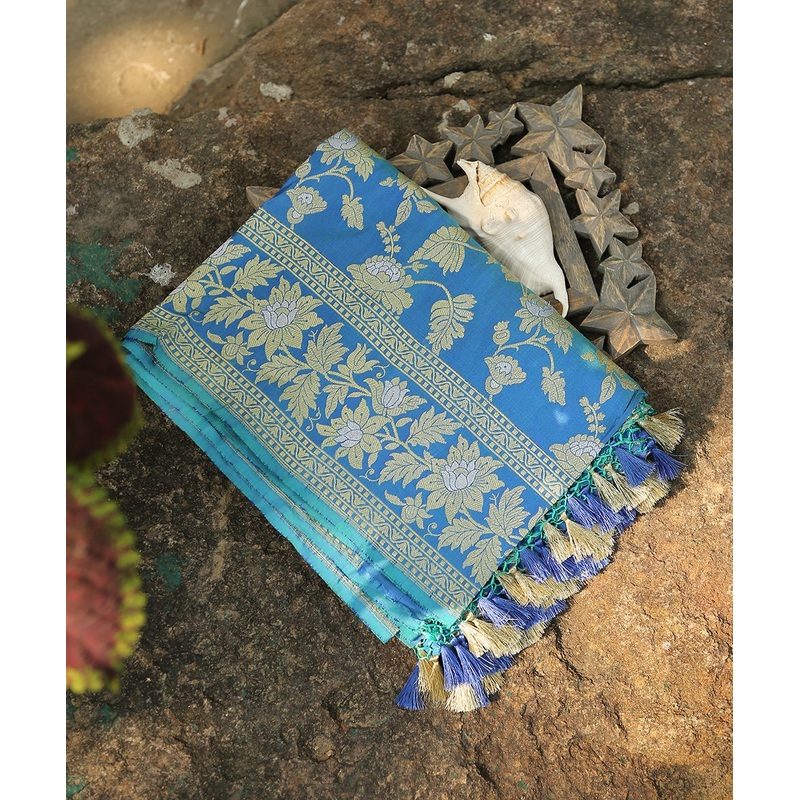 Cobalt Blue Handloom Kadhwa Jangla Pure Katan Silk Banarasi Dupatta