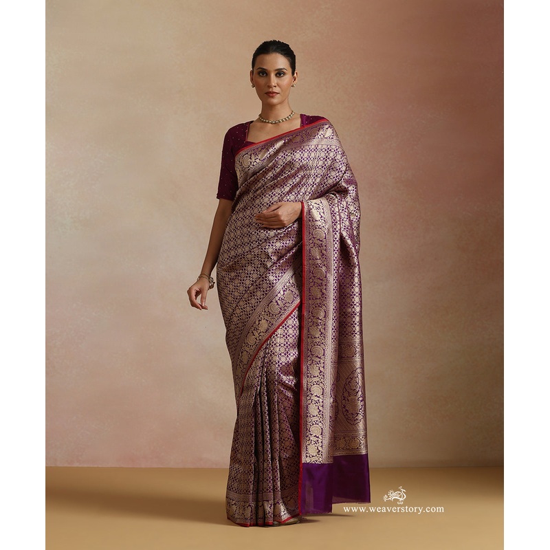Purple Handloom Pure Katan Silk Kimkhab Banarasi Saree with Zari Floral Weave