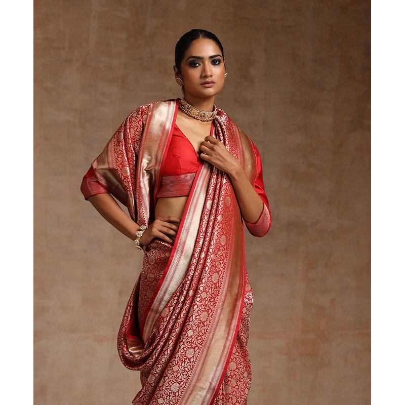 Red Handloom Pure Katan Silk Kimkhab Banarasi Saree With Gold Zari Border
