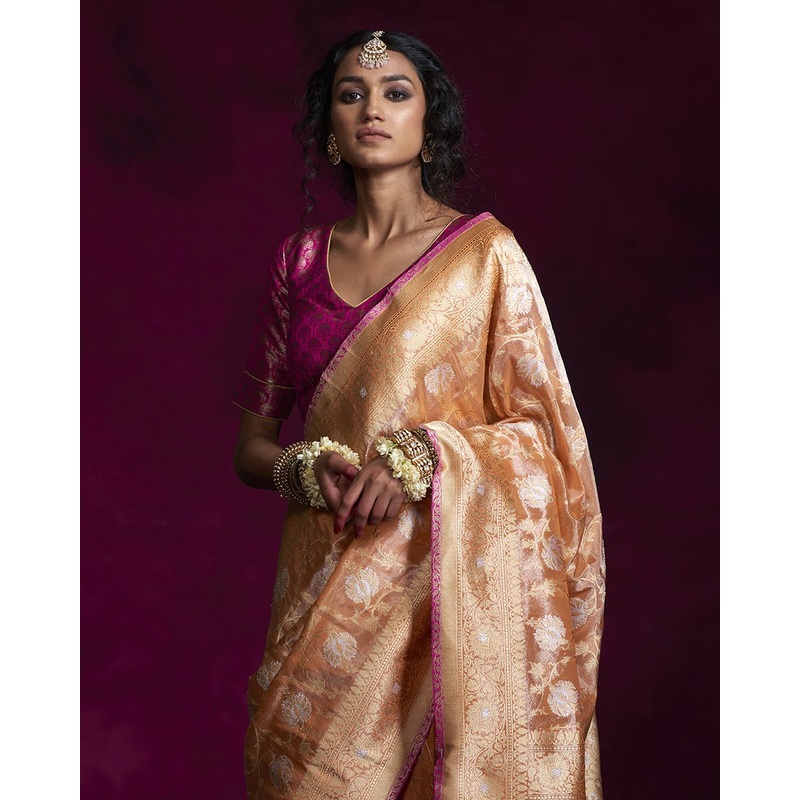 Saffron Jangla Handloom Tissue Banarasi Saree with Gold Border
