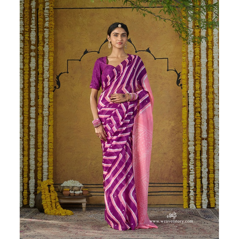 Peach And Purple Handloom Pure Georgette Leheriya Bandhej Saree With Small Embroidery