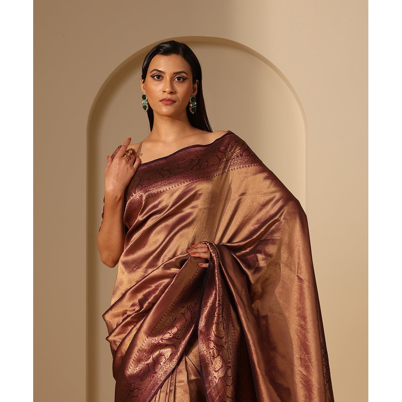 Purple Handloom Pure Tissue Tanchoi Banarasi Saree With Kadhwa Floral Border