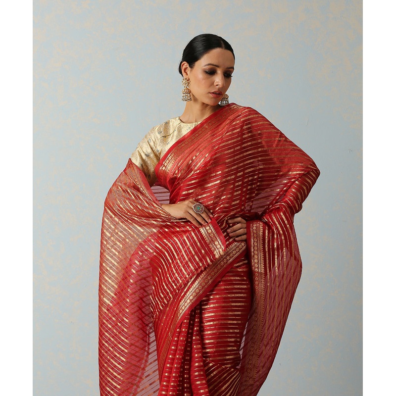Red Handloom Kora Silk Banarasi Saree With Horizontal Stripes