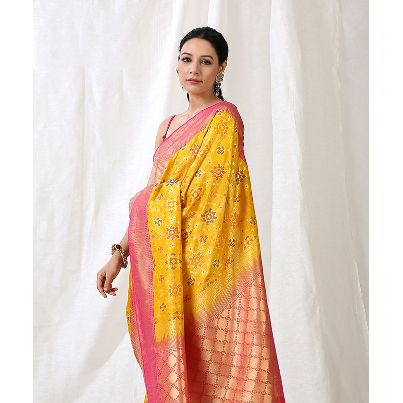 Yellow Handloom Pure Katan Silk Banarasi Patola Saree With Pink Border