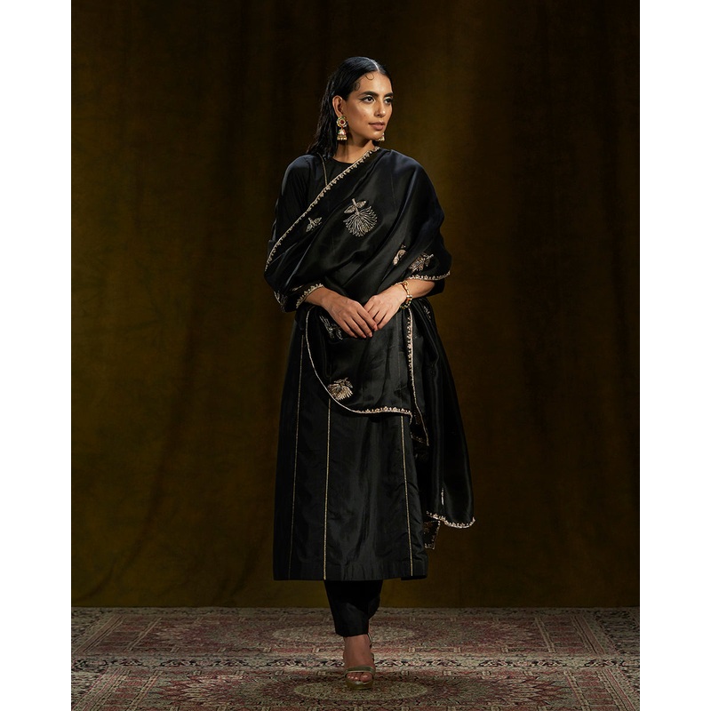 Black Pure Silk Gherdaar Kurta with Pants and Black Organza Dupatta