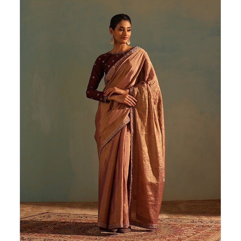Purple And Golden Hand Embroidered Tissue Silk Saree