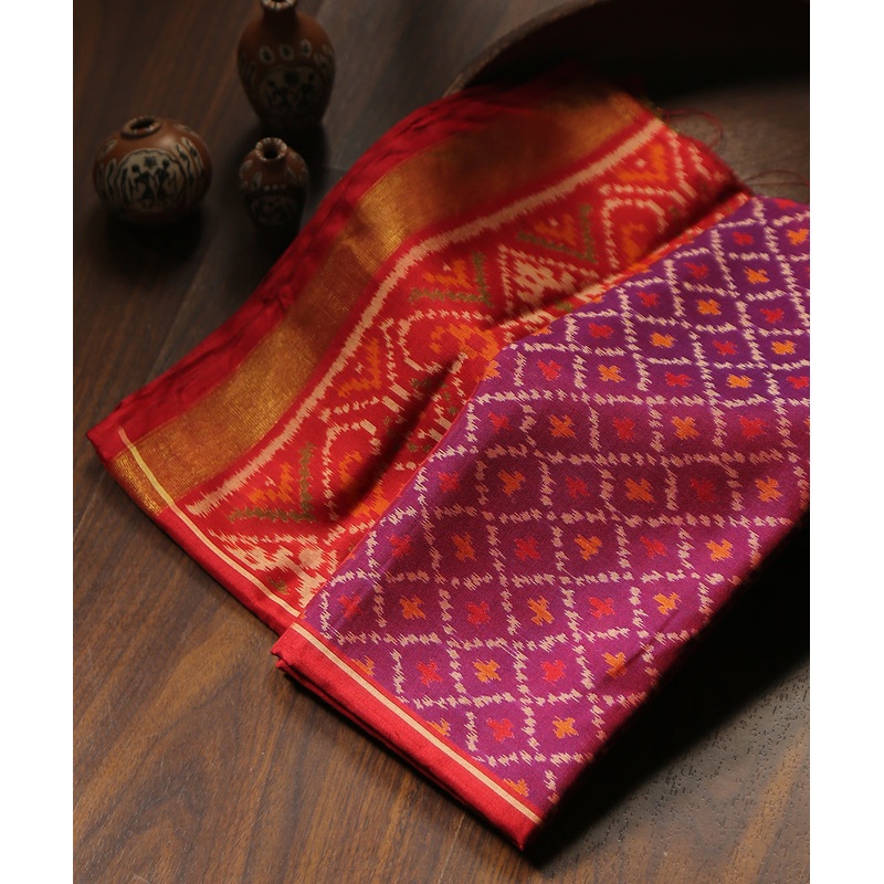 Purple And Red Handloom Pure Mulberry Silk Single Ikat Patola Dupatta