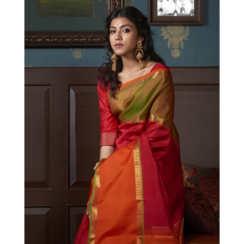 Red Handloom Kanjivaram Silk Saree with Orange and Green Border