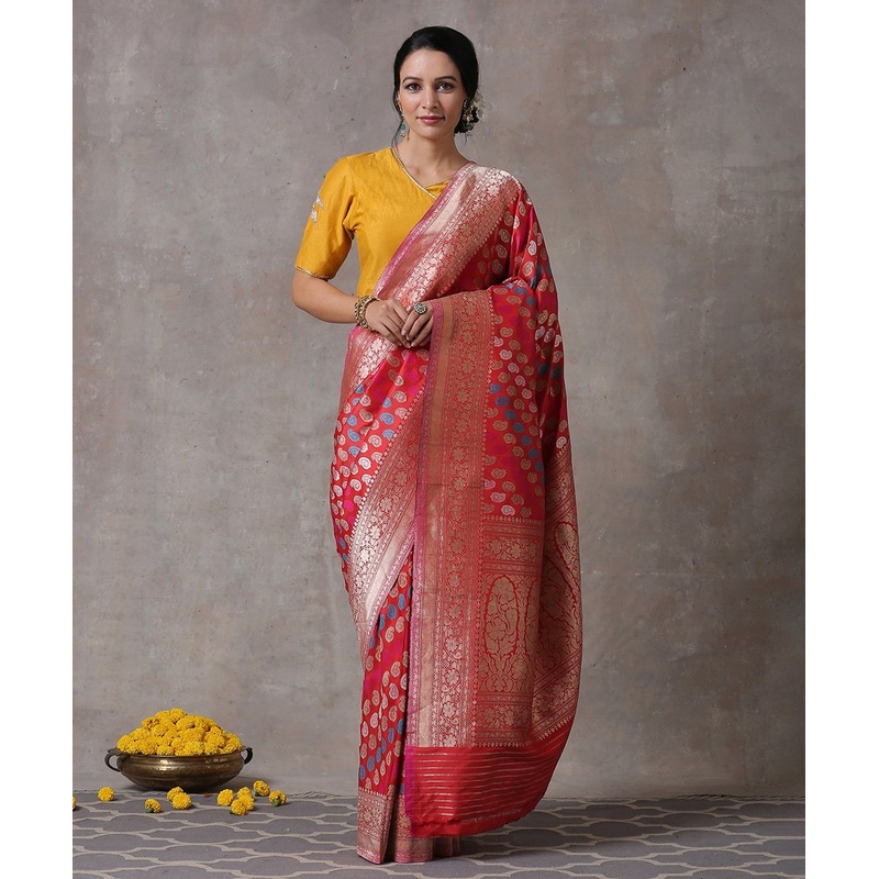 Red Handloom Pure Katan Silk Banarasi Saree with Paisley Booti and Meenakri