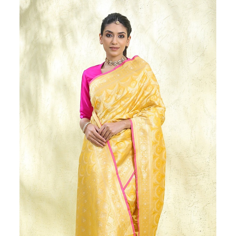 Turmeric Yellow Handloom Pure Katan Silk Cutwork Banarasi Saree with Sona Rupa Jangla