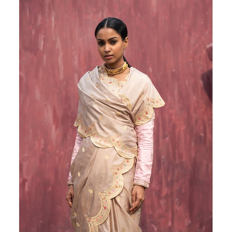 Beige Handloom Pure Katan Silk Banarasi Saree With Meenakari And Scalloped Border