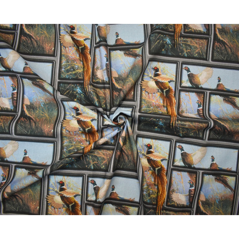 Blue-Brown-Multi Cotton Pheasant Flying High Printed Quilting Woven Fabric