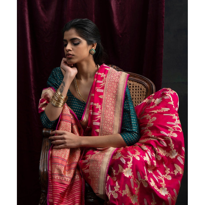 Dark Pink Handloom Pure Katan Silk Banarasi Saree with Kadhwa Jangla and Intricate Border