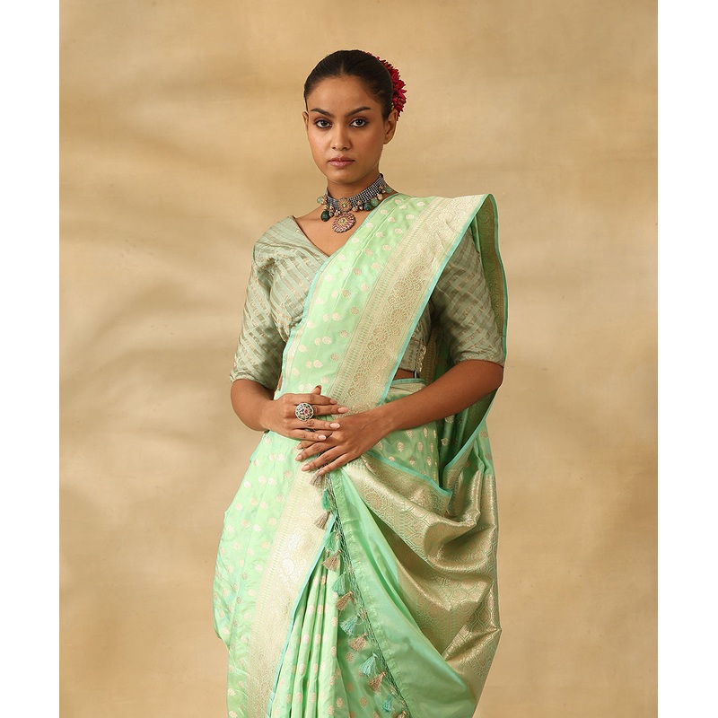 Sea Green Handloom Pure Katan Silk Banarasi Saree With Champagne Gold Zari Cutwork Booti