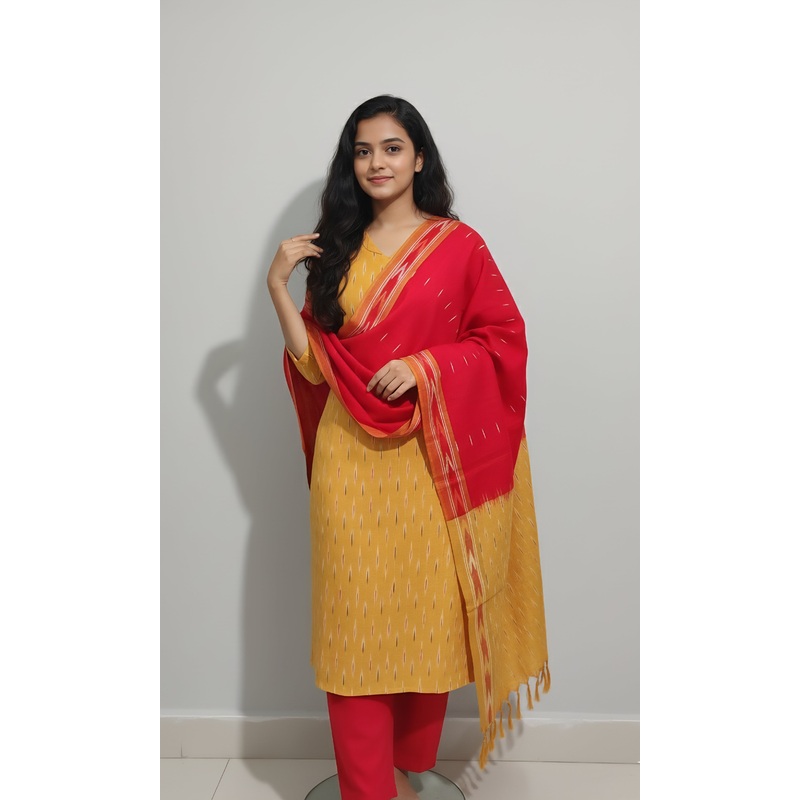 Yellow - HANDLOOM COTTON 3PC POCHAMPALLY IKAT DRESS MATERIAL 34