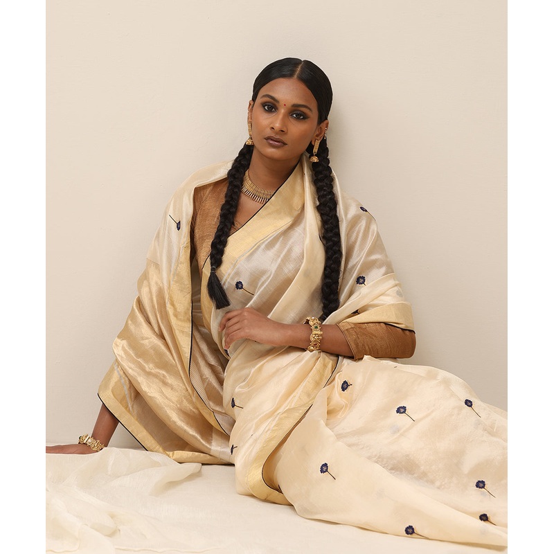Beige Handloom Pure Silk Chanderi Saree With Stripped Tissue Facing And Blue Pining