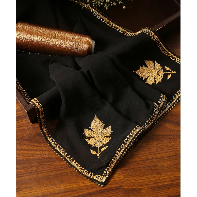 Black Pure Silk Kashmiri Tilla Hand Embroidered Dupatta With Konia