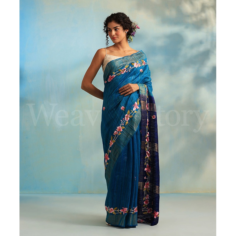 Blue Hand Embroidered Tussar Silk Parsi Gara Saree With Floral Bel
