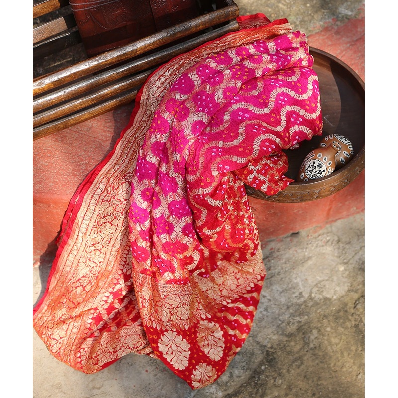 Handloom Red And Pink Cutwork Georgette Banarasi Bandhej Dupatta with Golden Zari Jaal