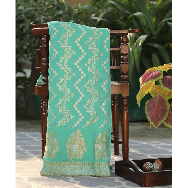 Handloom Sea Green Cutwork Pure Georgette Banarasi Dupatta with Jangla