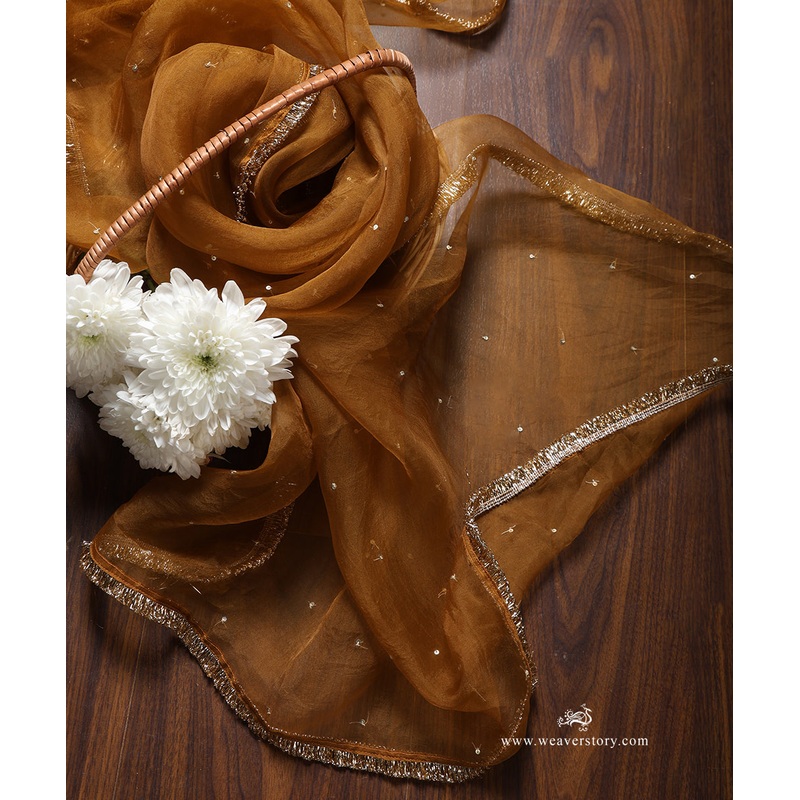 Mustard Yellow Hand Embroidered Organza Dupatta