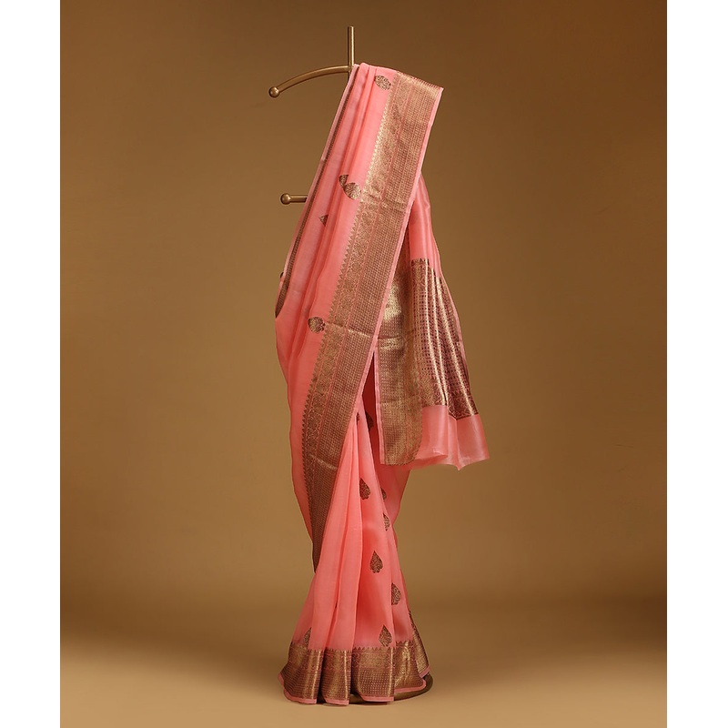 Peach Handloom Pure Kora Silk Banarasi Saree With Antique Zari Border And Boota