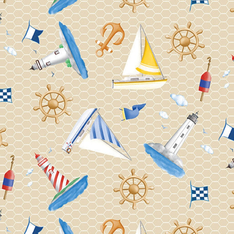 Sail Away - Lighthouses & Sailboats - Ecru - Yardage