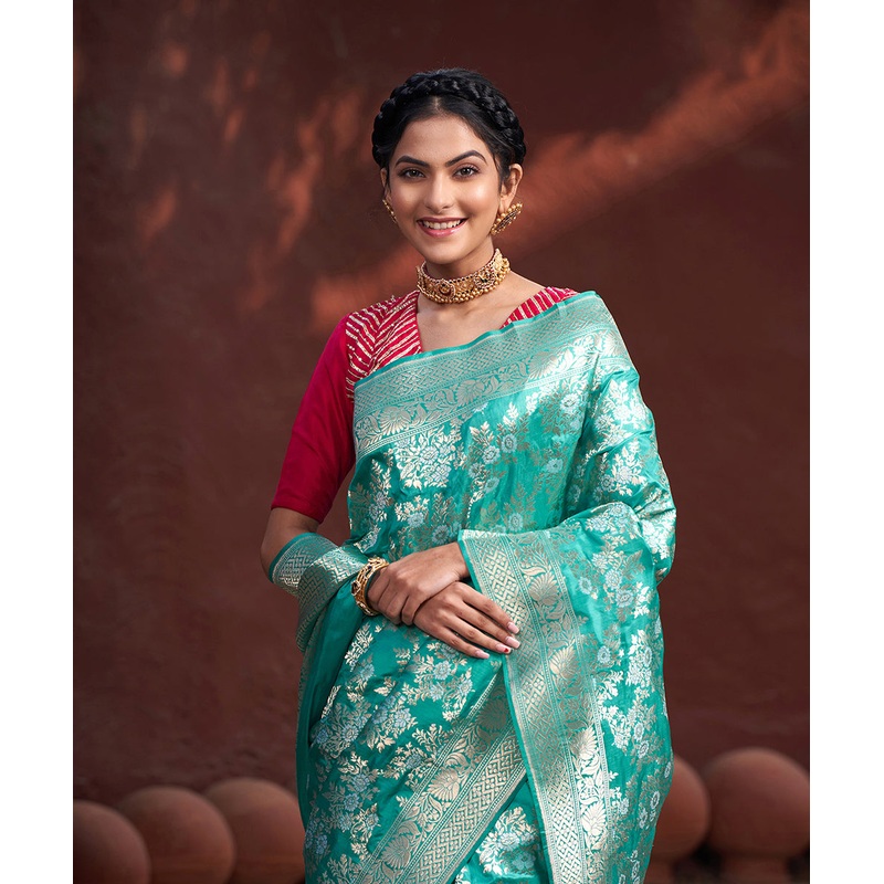 Turquoise Handloom Blue Pure Katan Silk Banarasi Saree With Jaal