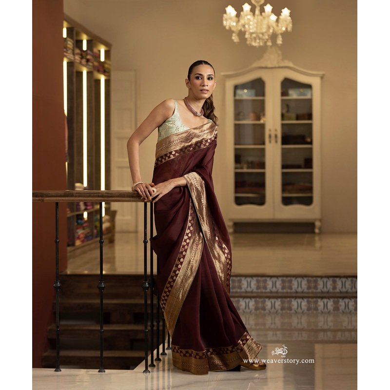 Coke Brown Handwoven Pure Organza Saree with Pure Katan Silk Zari Border