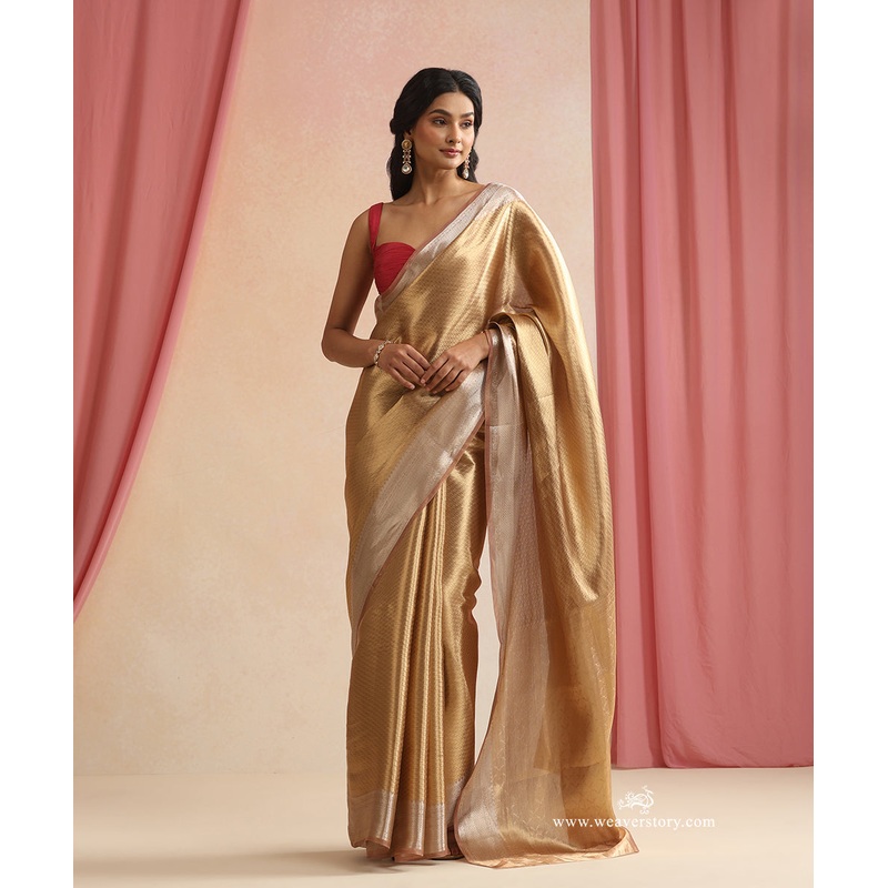 Peach And Gold Handloom Pure Silk Tissue Tanchoi Banarasi Saree