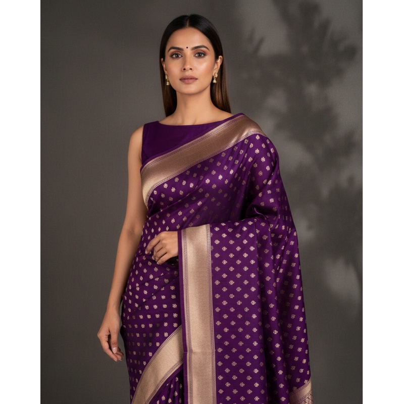 Purple Gold Zari Buti Cutwork Brocade Handwoven Katan Silk Banarasi Saree