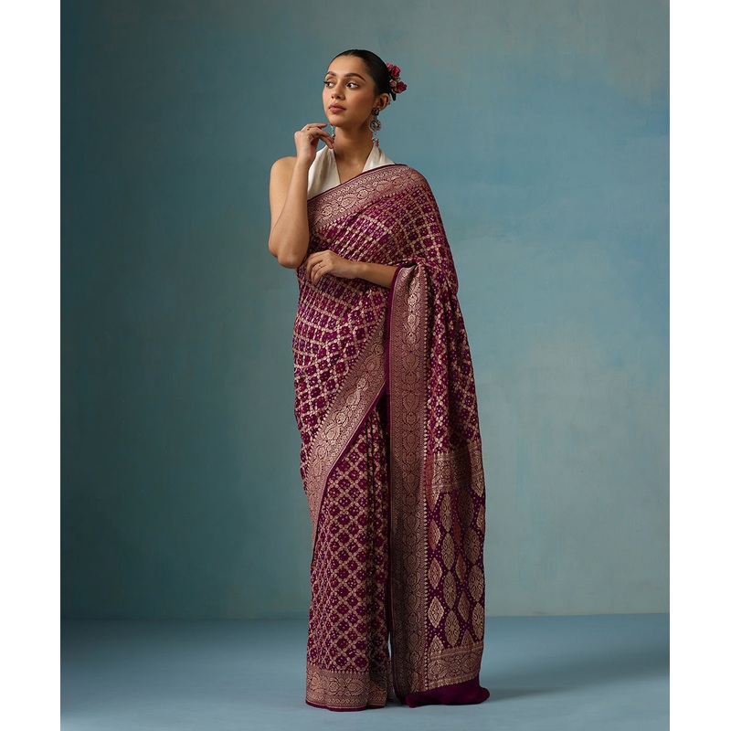Purple Handloom Pure Georgette Banarasi Bandhej Saree Cutwork Jaal