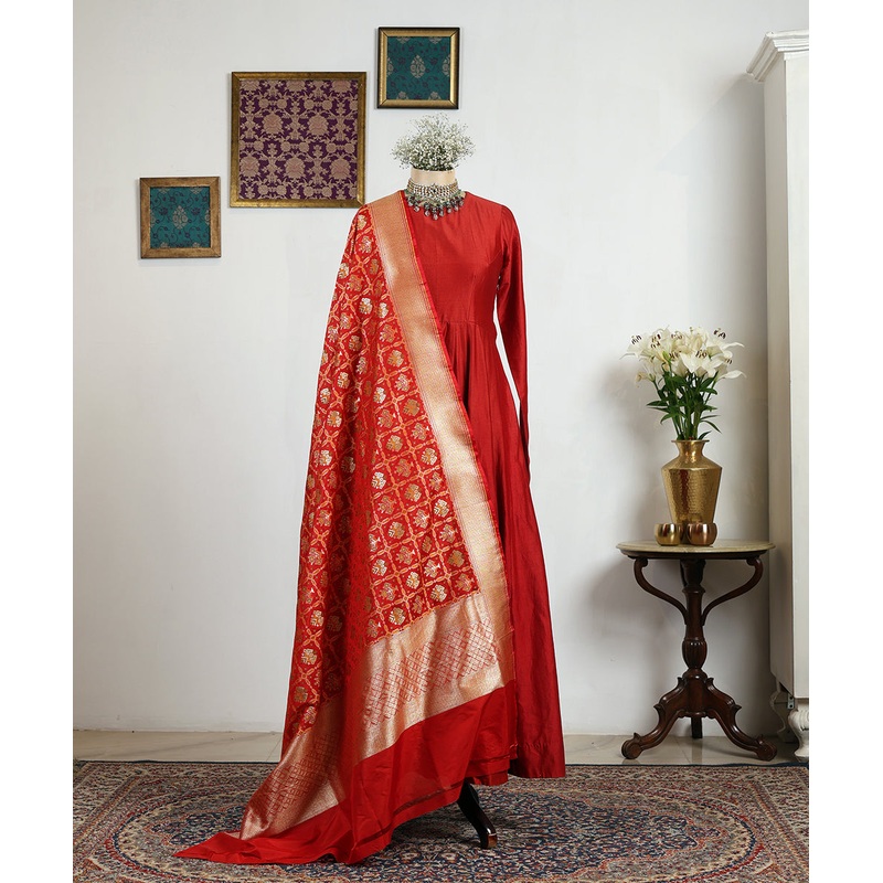 Red Handloom Pure Katan Silk Cutwork Banarasi Patola Dupatta
