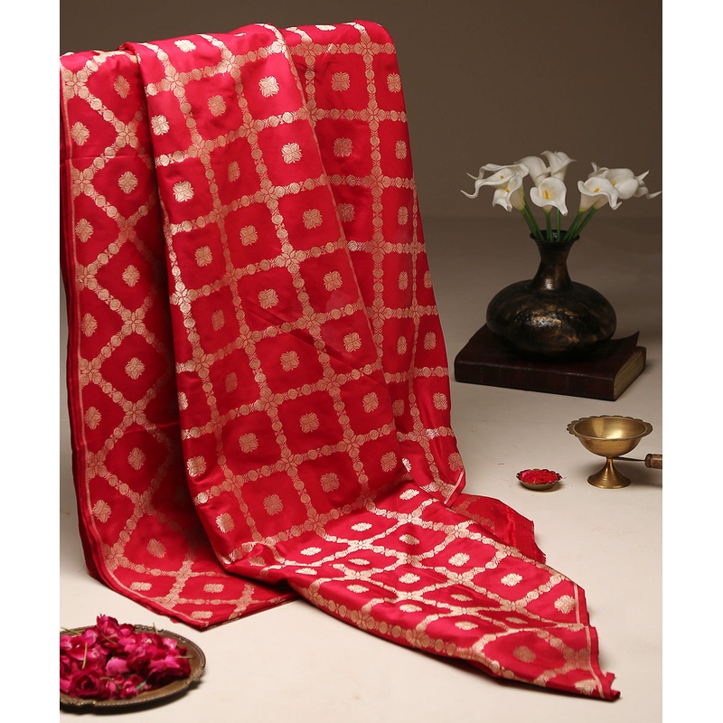 Red Pure Katan Silk Banarasi Handloom Fabric with Chokdi Jaal