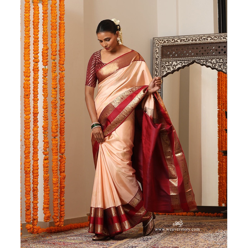 Soft Peach Handloom Pure Silk Kanjivaram Saree With Annapakshi Motifs On Maroon Border