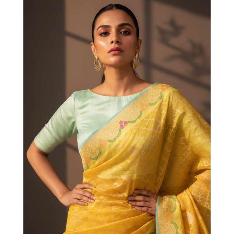 Yellow Gold Zari Cutwork Brocade Handwoven Kora Silk Banarasi Saree with Satin Meenekari Border Pallu