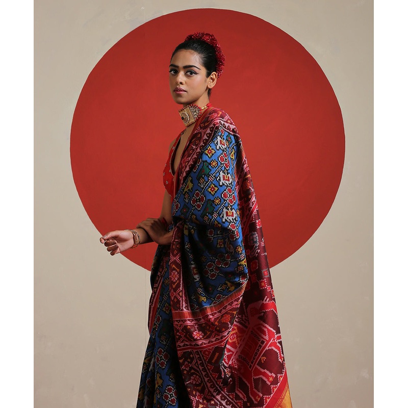Blue Handloom Pure Mulberry Silk Ikat Patola Saree With Red Border
