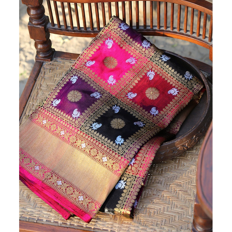 Purple And Black Handloom Pure Katan Silk Rangkaat Banarasi Dupatta