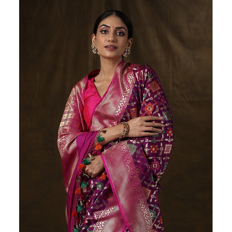 Purple Handloom Banarasi Patola Saree With Pink Border