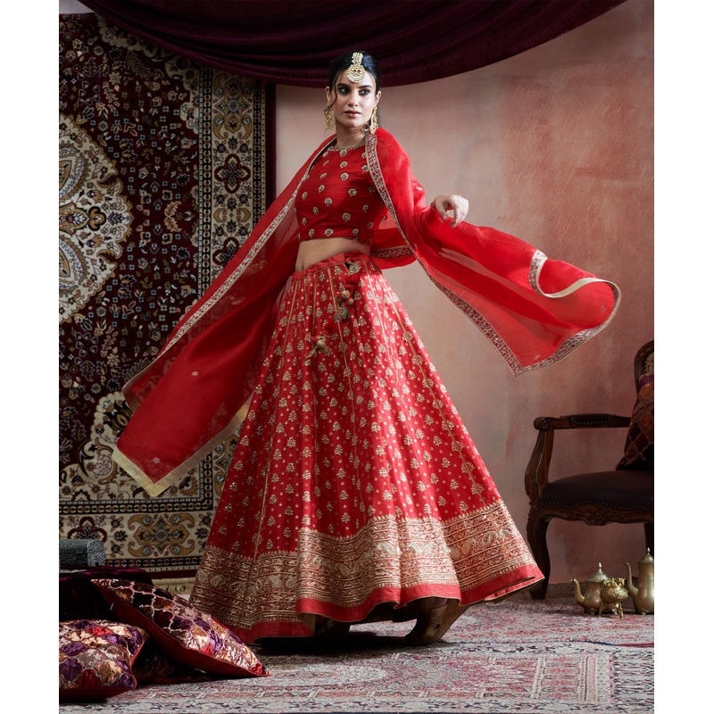 Red Handloom Pure Katan Silk Hand Embroidered Banarasi Lehenga With Blouse And Organza Dupatta