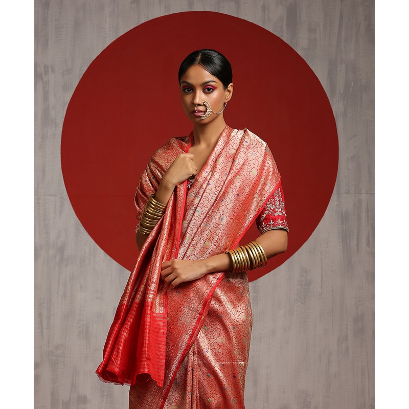 Red Handloom Pure Katan Silk Kimkhab Banarasi Saree With Meenakari