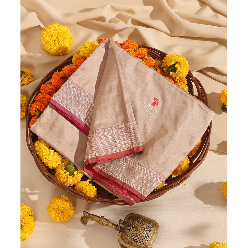 Almond Handloom Pure Katan Silk Banarasi Dupatta With Kadhwa Meenakari Boota and Pink Border