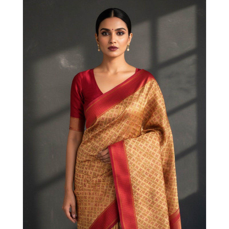 Beige Traditional Satin Tanchoi Jamawar Handwoven Katan Silk Banarasi Saree