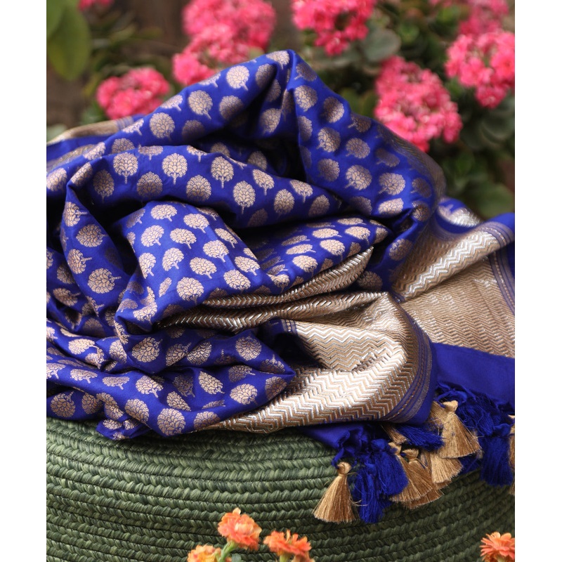 Blue Handloom Pure Katan Silk Banarasi Dupatta With Badla Border